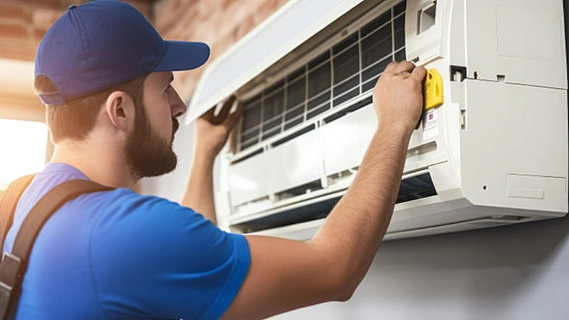 Wall-mounted split air conditioner unit on a brick wall, typical of Dubai homes